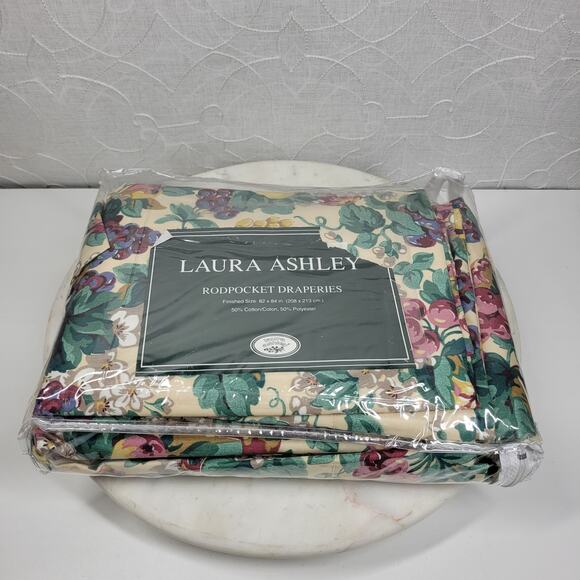 Vintage Laura Ashley Rubens Floral Rod Pocket Drapes 82x84 Set of 2 Panels NEW - Picture 13 of 15